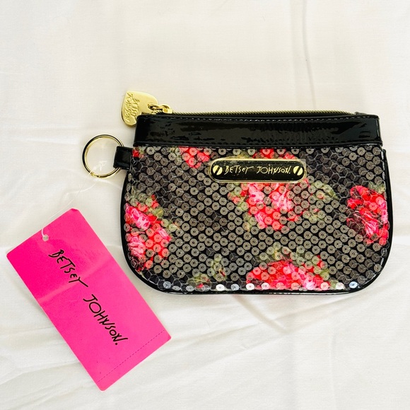 BETSEY JOHNSON Sequin Black & Red Roses Coin Purse Pouch NWT - Picture 5 of 10